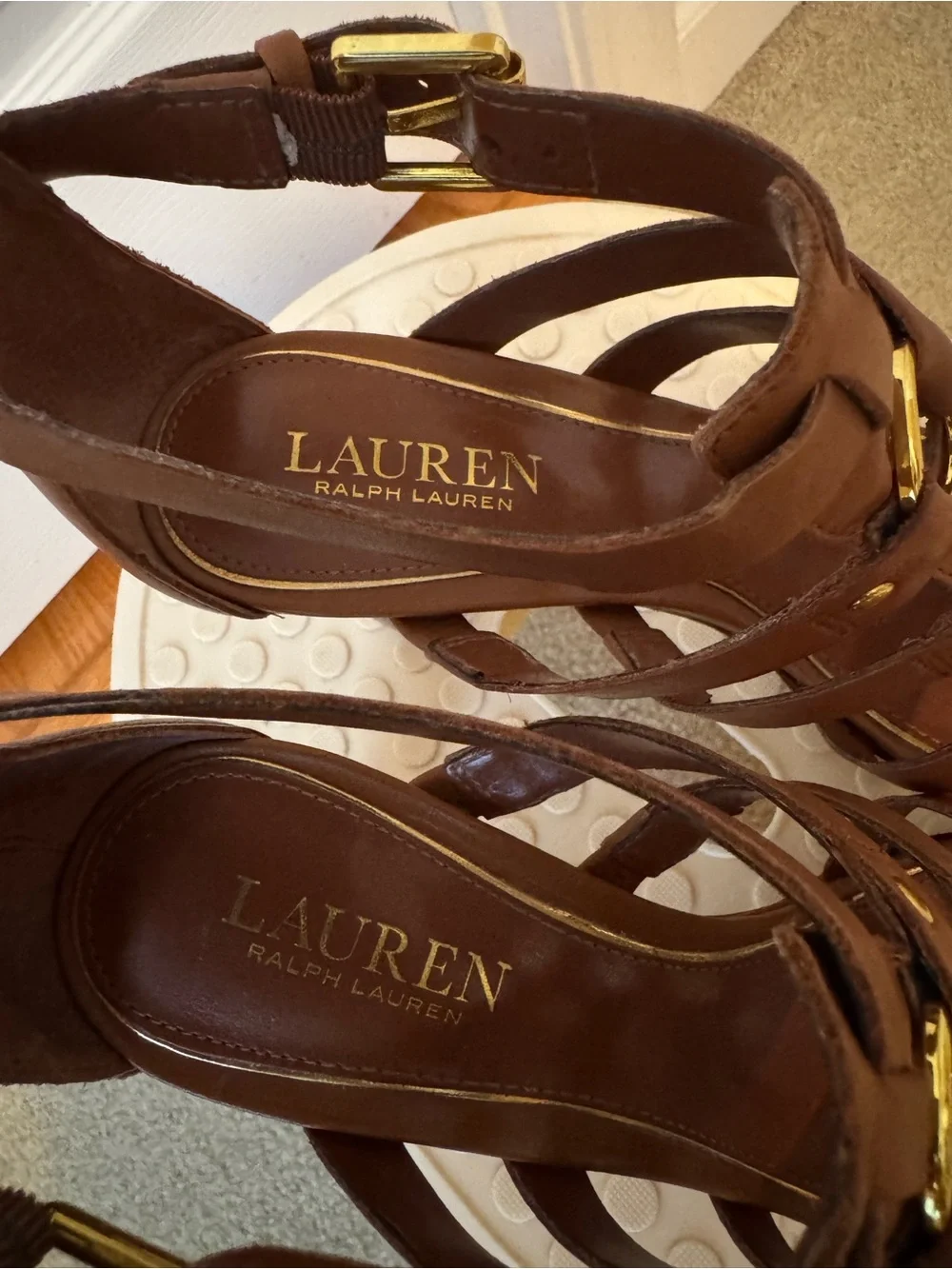 Lauren Ralph Lauren Brown Leather Multi-Strap Gladiator Heels with Gold Rings.